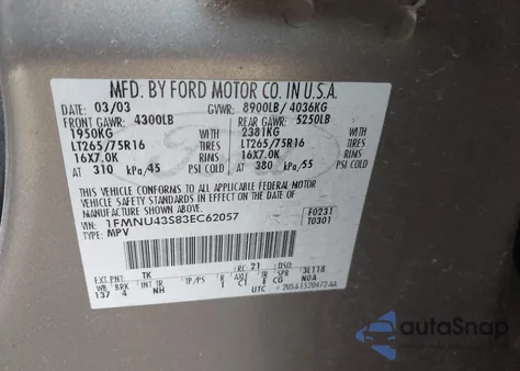 2003 Ford Excursion Limited from USA, damaged, VIN 1FMNU43S83EC62057